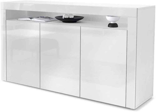 Credenza moderna Girasole, madia a tre ante, corpo bianco o nero, frontali 13 colori a scelta